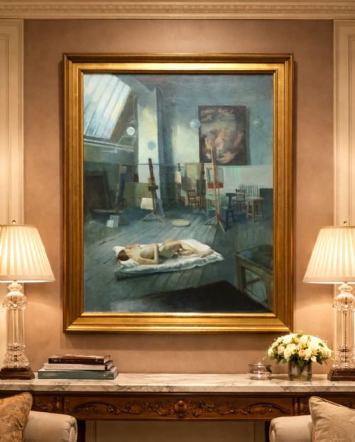 fig 1. A large framed oil painting depicting an artist studio with a ceiling skylight, wooden easels, and a reclining nude figure on a floor mattress.