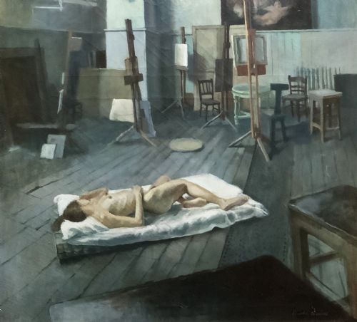 fig 4. A large framed oil painting depicting an artist studio with a ceiling skylight, wooden easels, and a reclining nude figure on a floor mattress.