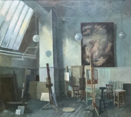 fig 5. A large framed oil painting depicting an artist studio with a ceiling skylight, wooden easels, and a reclining nude figure on a floor mattress.