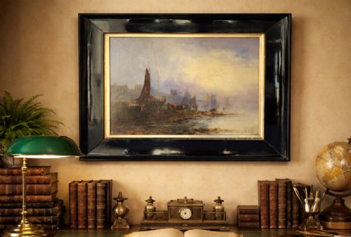 fig 1. Maritime Seascape Oil Painting Sunset Harbour by John D. Taylor (act.1876-1890)
