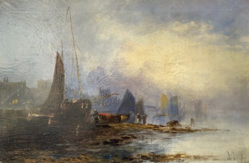 fig 2. Maritime Seascape Oil Painting Sunset Harbour by John D. Taylor (act.1876-1890)