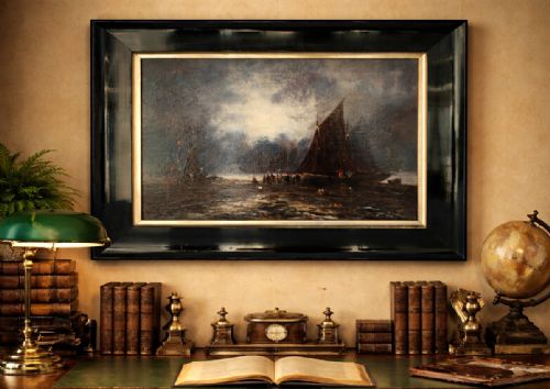 fig 1. Maritime Seascape Oil Painting Moonlit Harbour by John D. Taylor (act.1876-1890)