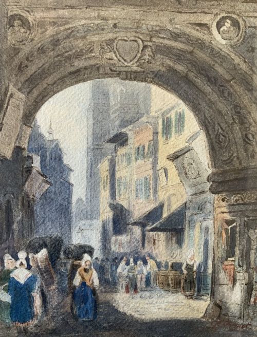fig 3. Samuel Prout (1785-1852) Market Day Cityscape Watercolour Painting (2of2)