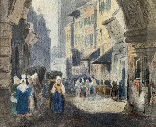 fig 5. Samuel Prout (1785-1852) Market Day Cityscape Watercolour Painting (2of2)