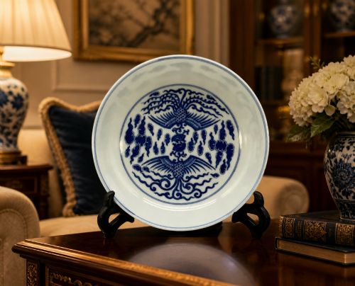 CHINESE BLUE AND WHITE PORCELAIN DOUBLE PHOENIX DISH TONGZHI PERIOD BOWL PLATE - ADDITIONAL PHOTO 1