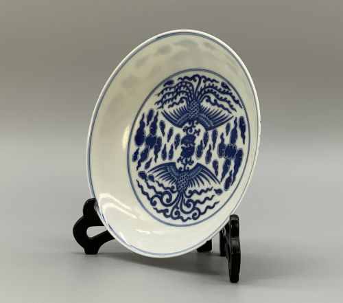 CHINESE BLUE AND WHITE PORCELAIN DOUBLE PHOENIX DISH TONGZHI PERIOD BOWL PLATE - ADDITIONAL PHOTO 3