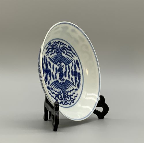 CHINESE BLUE AND WHITE PORCELAIN DOUBLE PHOENIX DISH TONGZHI PERIOD BOWL PLATE - ADDITIONAL PHOTO 4