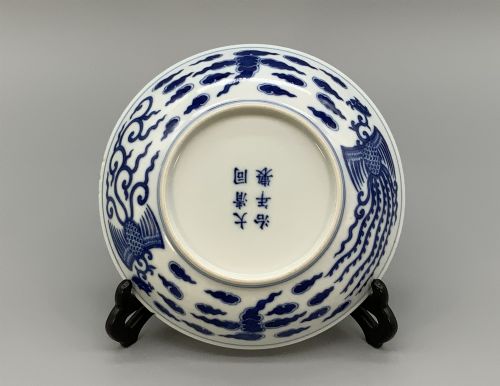 CHINESE BLUE AND WHITE PORCELAIN DOUBLE PHOENIX DISH TONGZHI PERIOD BOWL PLATE - ADDITIONAL PHOTO 8