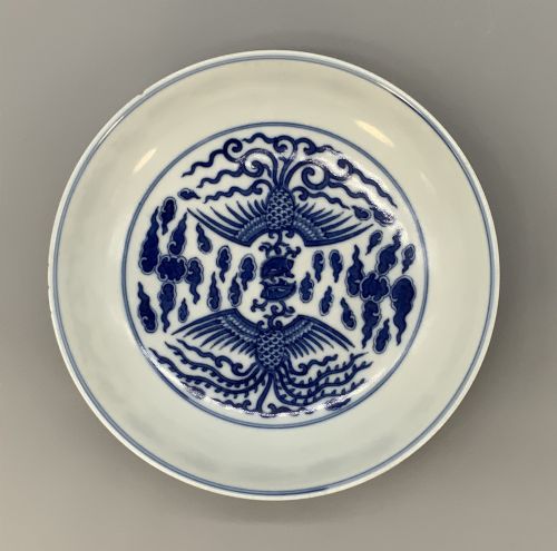 CHINESE BLUE AND WHITE PORCELAIN DOUBLE PHOENIX DISH TONGZHI PERIOD BOWL PLATE - ADDITIONAL PHOTO 11