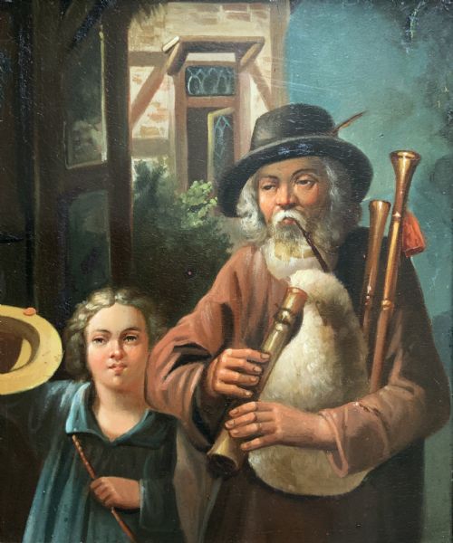 fig 1. An antique oil painting in a deep burr wood frame depicting an older bearded musician playing a bagpipe alongside a child holding an extended hat.