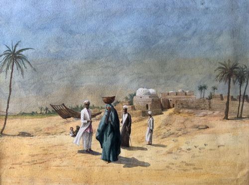 fig 1. Early 20th-Century Antique Arabian Landscape Watercolour & Gouache Painting