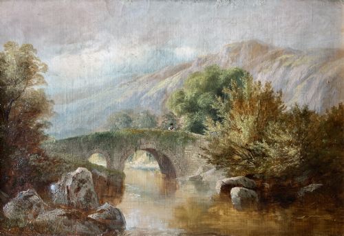 fig 1. A framed 19th-century oil painting depicting an arched stone bridge crossing a river amidst trees and distant mountains.