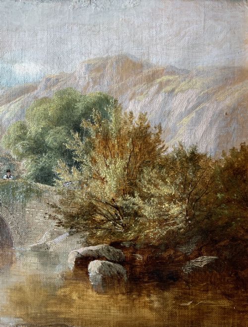 fig 2. A framed 19th-century oil painting depicting an arched stone bridge crossing a river amidst trees and distant mountains.
