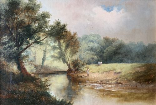 fig 1. A 19th-century landscape oil painting depicting a river scene with trees and figures along the bank, housed in a green and gold moulded frame.