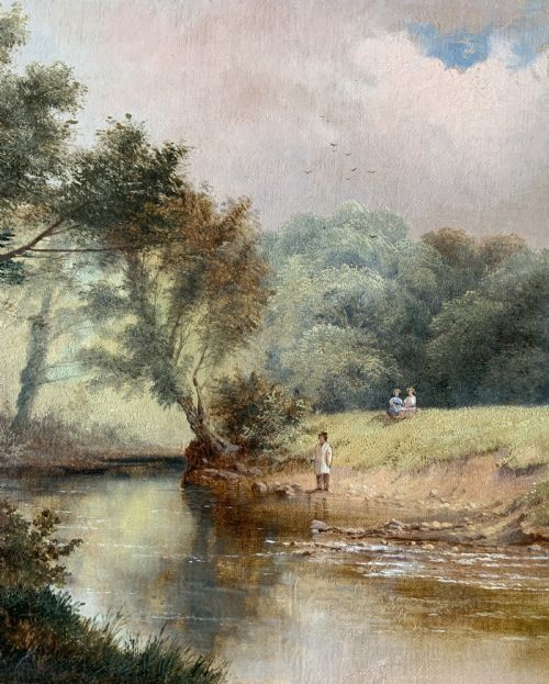 fig 4. A 19th-century landscape oil painting depicting a river scene with trees and figures along the bank, housed in a green and gold moulded frame.