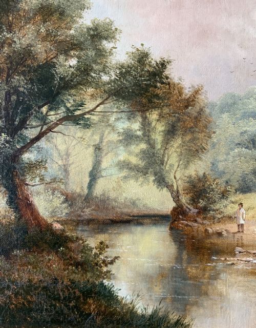 fig 6. A 19th-century landscape oil painting depicting a river scene with trees and figures along the bank, housed in a green and gold moulded frame.