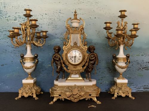 HUGE ITALIAN BRONZE MARBLE 3PIECE GARNITURE CLOCK SET INC CANDELABRA 8DAY