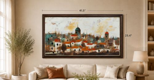 fig 1. A mid-century abstract oil painting depicting a textured urban cityscape with terracotta rooftops, domes, and a dark wooden frame.