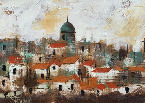 fig 3. A mid-century abstract oil painting depicting a textured urban cityscape with terracotta rooftops, domes, and a dark wooden frame.