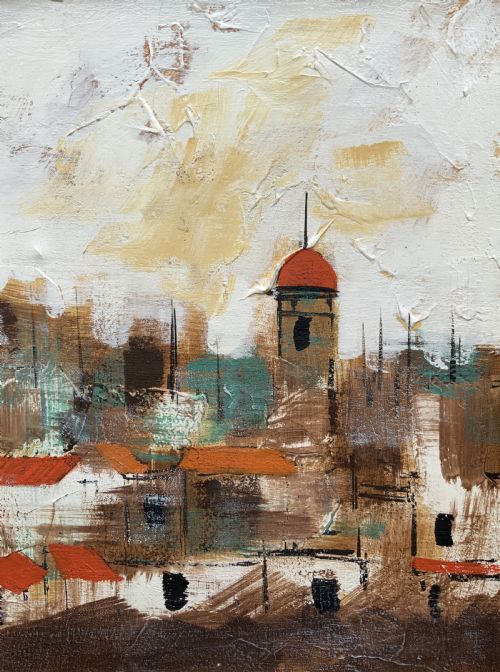 fig 4. A mid-century abstract oil painting depicting a textured urban cityscape with terracotta rooftops, domes, and a dark wooden frame.