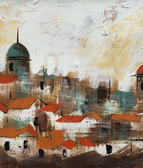 fig 5. A mid-century abstract oil painting depicting a textured urban cityscape with terracotta rooftops, domes, and a dark wooden frame.