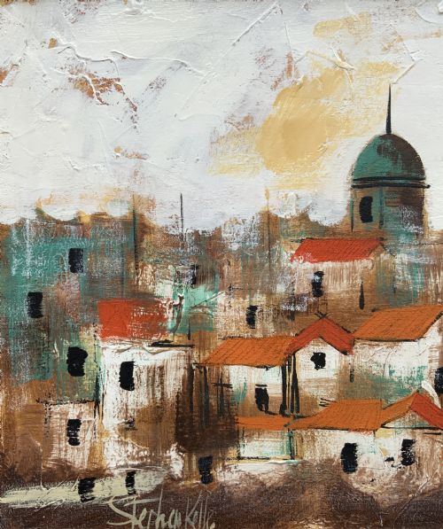 fig 6. A mid-century abstract oil painting depicting a textured urban cityscape with terracotta rooftops, domes, and a dark wooden frame.