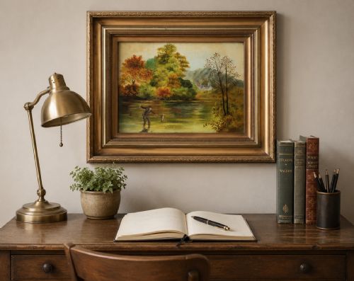 fig 1. An Edwardian oil painting depicting an angler fly fishing in a river surrounded by trees, enclosed in a moulded gold gilt frame.