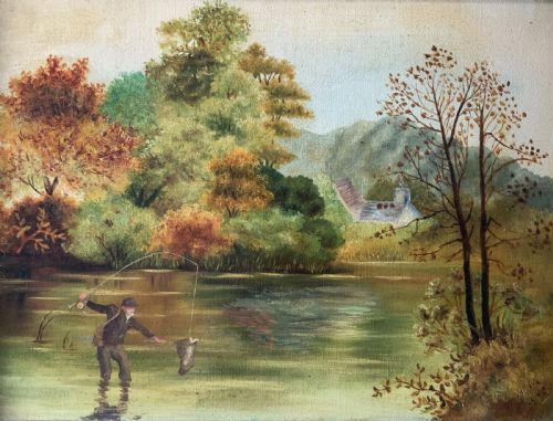 fig 2. An Edwardian oil painting depicting an angler fly fishing in a river surrounded by trees, enclosed in a moulded gold gilt frame.