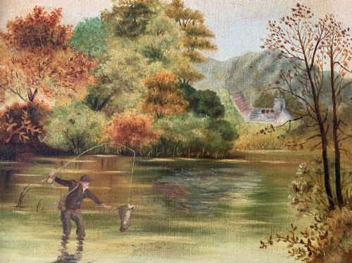 fig 3. An Edwardian oil painting depicting an angler fly fishing in a river surrounded by trees, enclosed in a moulded gold gilt frame.