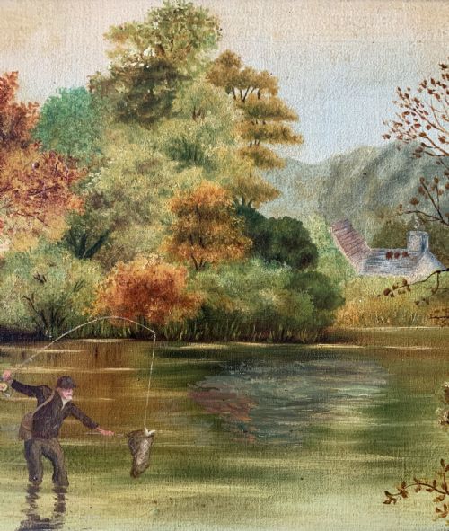 fig 5. An Edwardian oil painting depicting an angler fly fishing in a river surrounded by trees, enclosed in a moulded gold gilt frame.