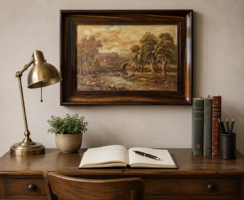 fig 1. An antique oil painting depicting a tranquil river flowing through a wooded landscape with a stone bridge and cottage in the background, framed in polished dark wood.