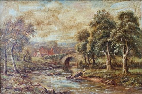 fig 2. An antique oil painting depicting a tranquil river flowing through a wooded landscape with a stone bridge and cottage in the background, framed in polished dark wood.