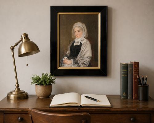 fig 1. A nineteenth-century oil portrait painting depicting a seated lady wearing a white lace bonnet and grey shawl, housed in a black ebonised frame with a pale inner slip.