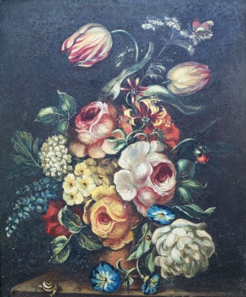 fig 1. Beautiful Late 19th-Century Dutch Antique Still Life Tulips & Roses Oil Painting