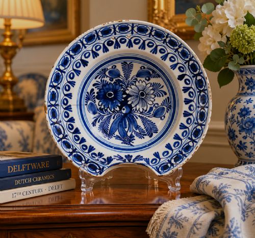 fig 1. An 18th-century blue and white Dutch Delftware barbers bowl featuring hand-painted floral motifs and a semi-circular rim notch.