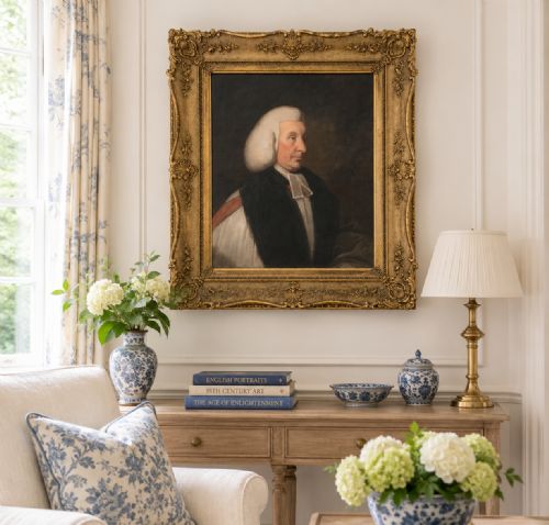 fig 1. An 18th-century oil portrait of a clergyman in a powdered wig and clerical bands, framed in a carved giltwood frame.