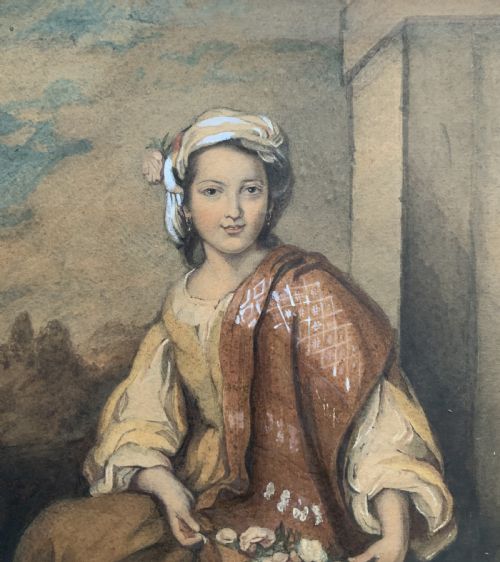 THE FLOWER GIRL SPANISH BAROQUE WATERCOLOUR PORTRAIT PAINTING 17THCENTURY STYLE - ADDITIONAL PHOTO 2