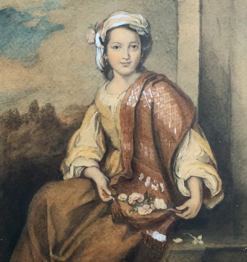 THE FLOWER GIRL SPANISH BAROQUE WATERCOLOUR PORTRAIT PAINTING 17THCENTURY STYLE - ADDITIONAL PHOTO 3