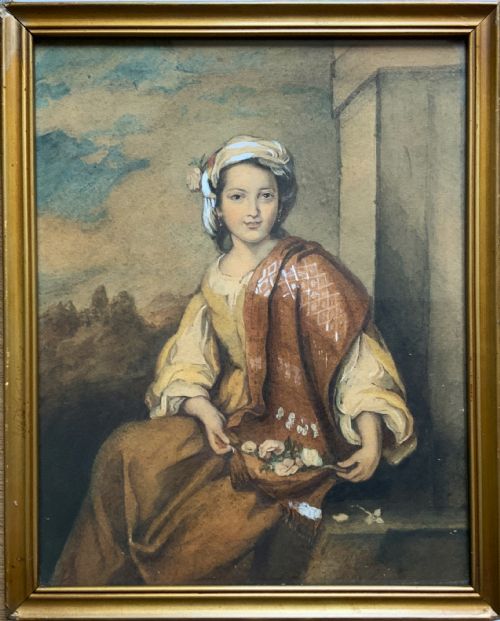 THE FLOWER GIRL SPANISH BAROQUE WATERCOLOUR PORTRAIT PAINTING 17THCENTURY STYLE - ADDITIONAL PHOTO 8