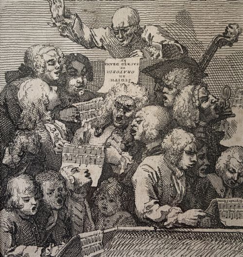 fig 1. A framed monochrome etching depicting a group of 18th-century choir singers holding music scores, set within a cream mount and a black and gold moulding frame.