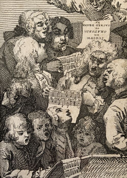 fig 6. A framed monochrome etching depicting a group of 18th-century choir singers holding music scores, set within a cream mount and a black and gold moulding frame.