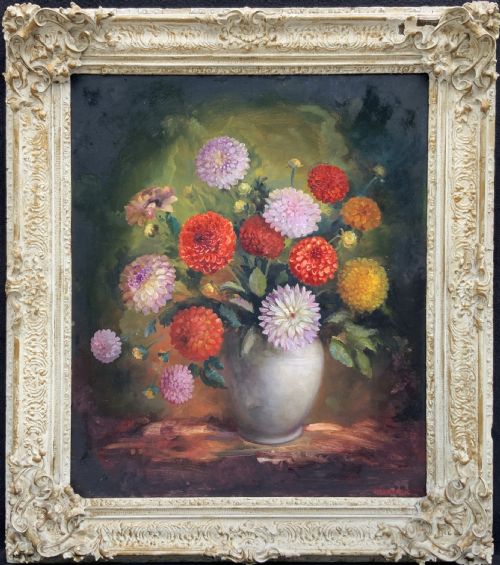 Large Superb Still Life of Dahlias Oil Painting by James Hardaker (1901-1991)
