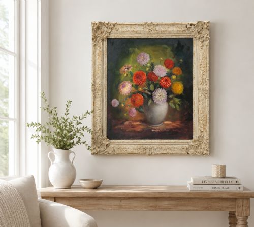 fig 1. Large Superb Still Life of Dahlias Oil Painting by James Hardaker (1901-1991)