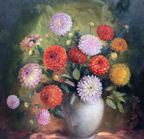 fig 3. Large Superb Still Life of Dahlias Oil Painting by James Hardaker (1901-1991)