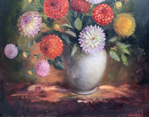 fig 4. Large Superb Still Life of Dahlias Oil Painting by James Hardaker (1901-1991)