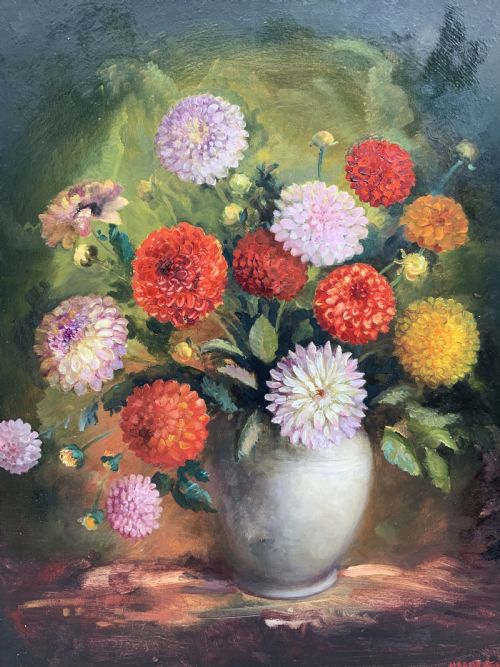 fig 5. Large Superb Still Life of Dahlias Oil Painting by James Hardaker (1901-1991)