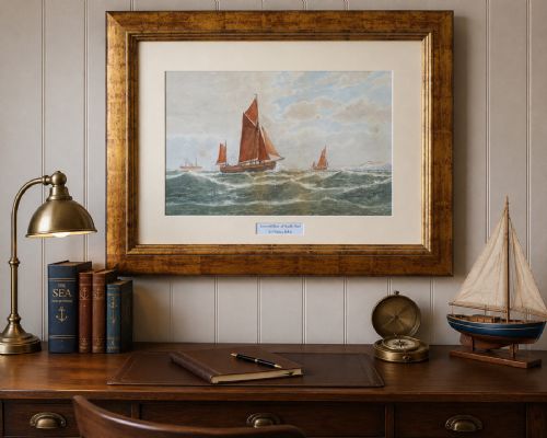 fig 1. A framed Victorian watercolour painting depicting sailing vessels on a choppy sea off Beachy Head, presented within a gold gilt frame and mount.