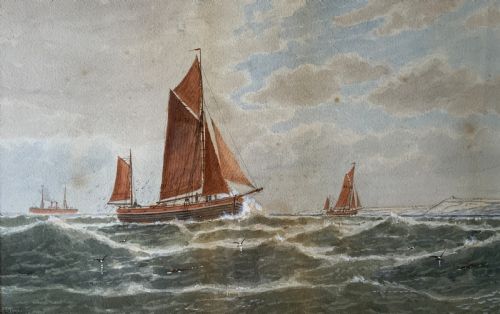 fig 2. A framed Victorian watercolour painting depicting sailing vessels on a choppy sea off Beachy Head, presented within a gold gilt frame and mount.