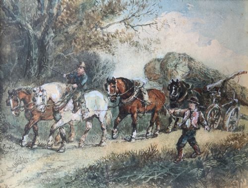 fig 1. A 19th-century watercolour painting depicting draft horses pulling a timber cart along a dirt path, enclosed in a carved gilt wood frame.