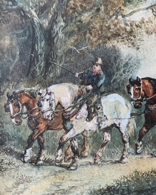 fig 4. A 19th-century watercolour painting depicting draft horses pulling a timber cart along a dirt path, enclosed in a carved gilt wood frame.